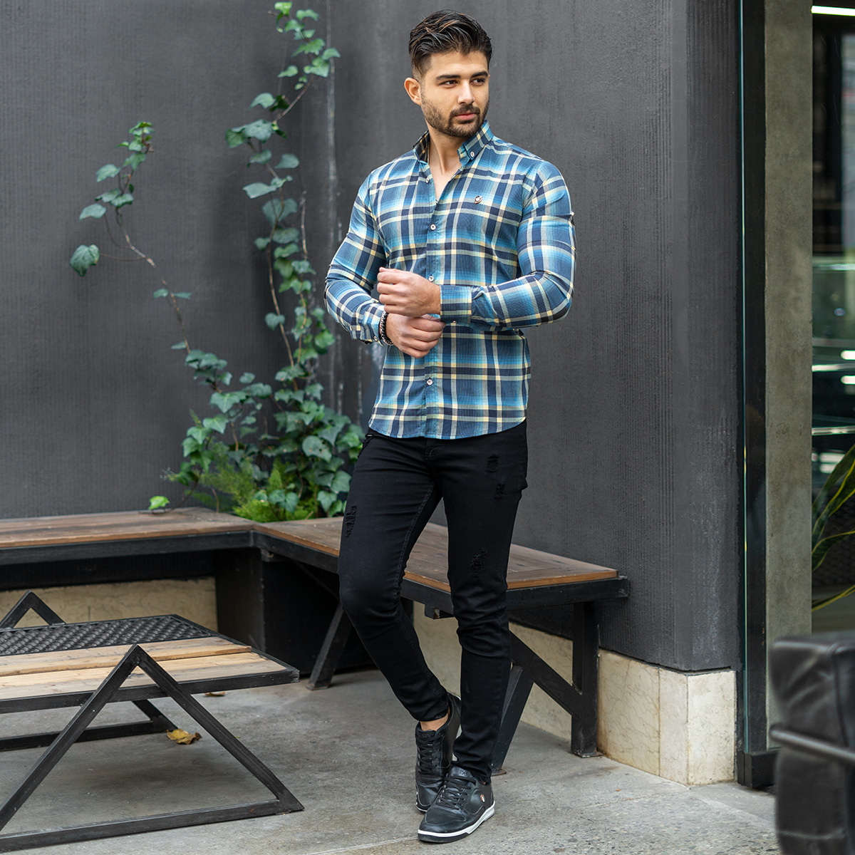 پیراهن چهارخونه زرد آبی مدل Roga